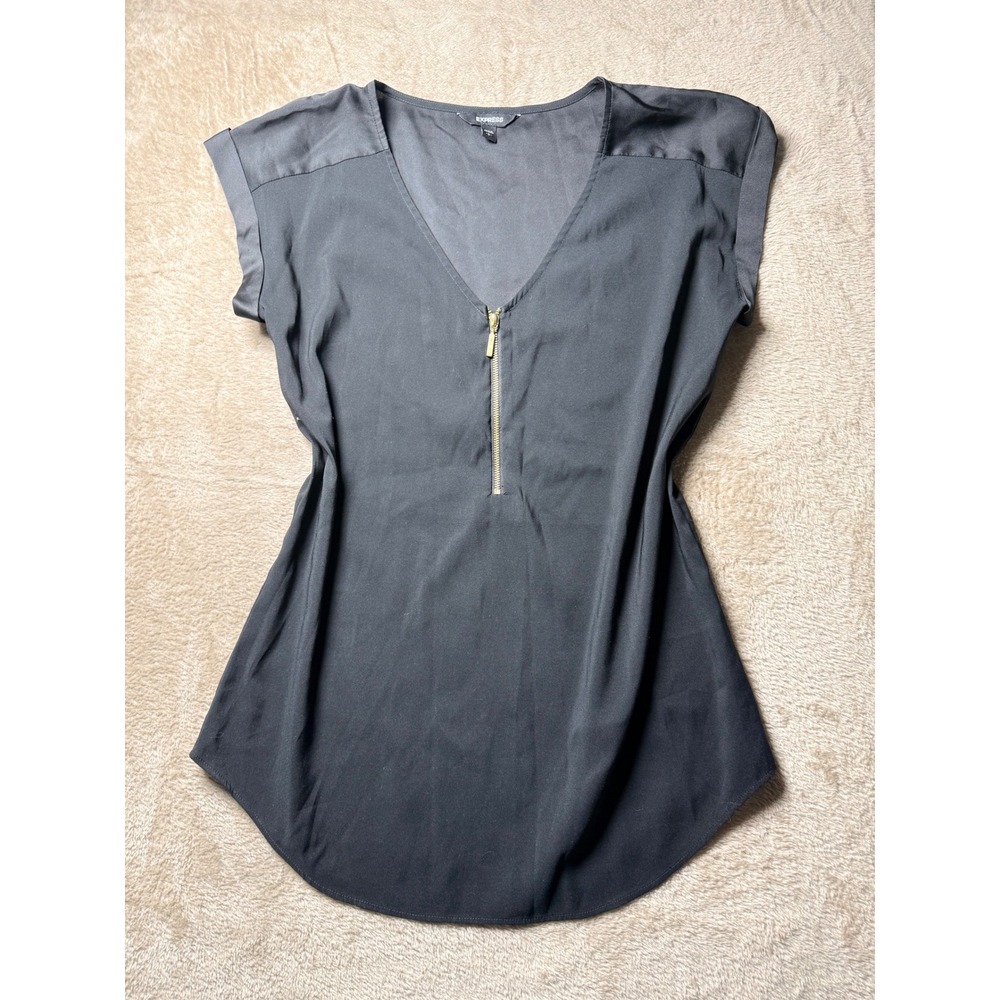 Express Womens Black V-Neck Half Zip Short Sleeve Blouse Top Small Office Siren